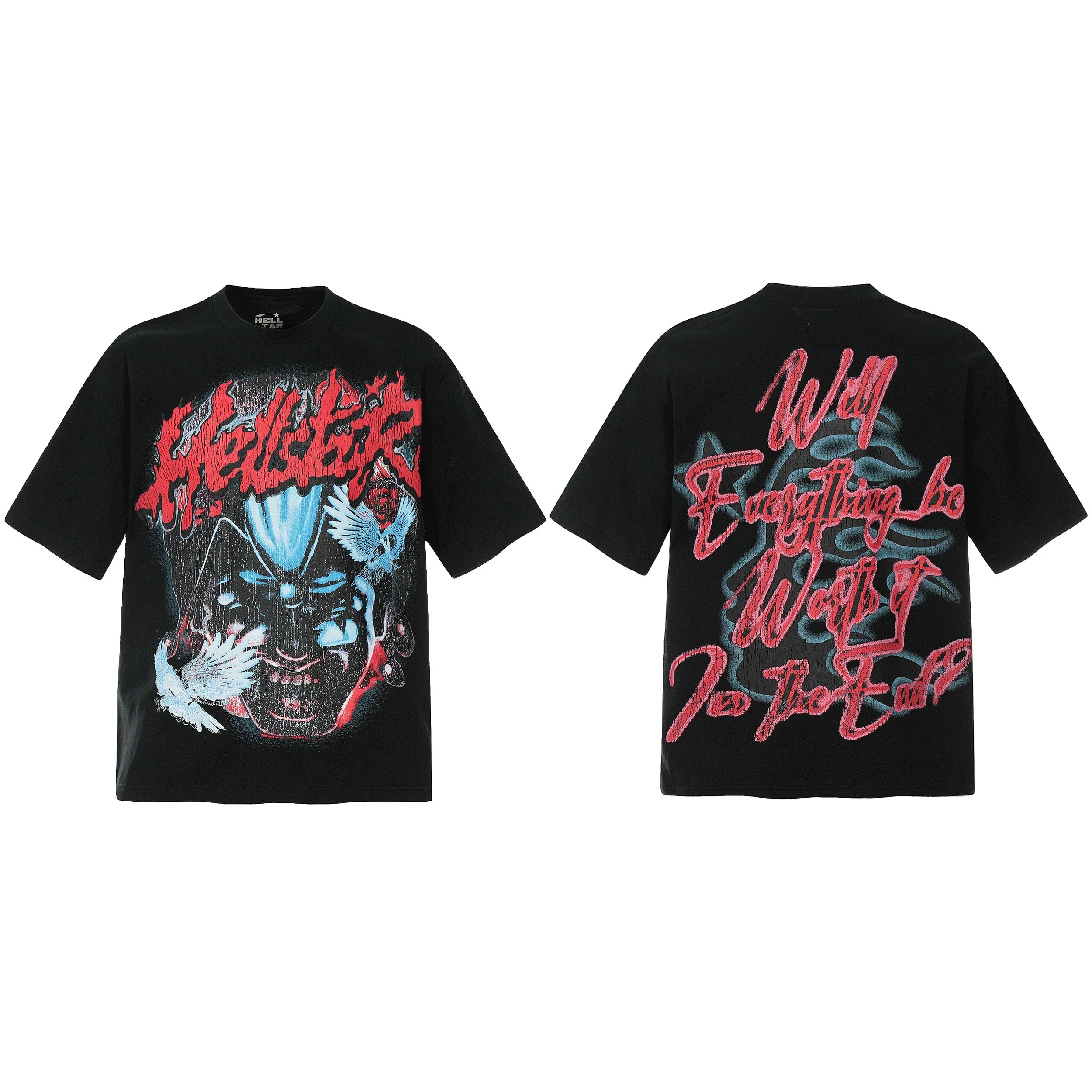HELL Hell's Star Short Sleeve Trendy Brand American High Street Vintage Summer Couple Dress Men's and Women's Half Sleeve T-shirt (23)