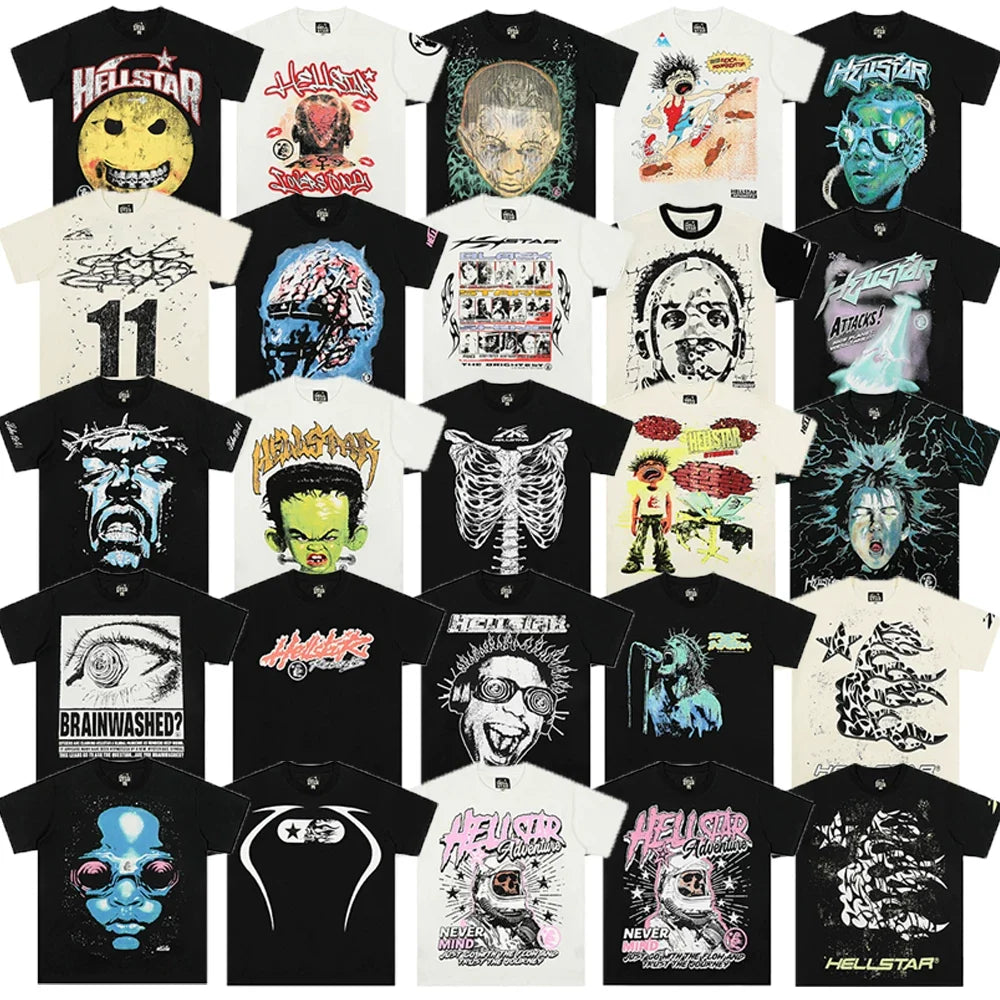 European and American style heavyweight HELLSTAR Hell Star short sleeved men's trendy brand digital graffiti Vintage women's loose T-shirt (6)
