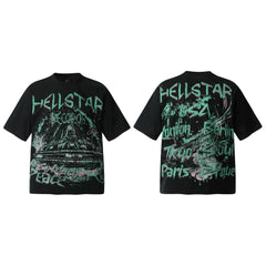 HELL Hell's Star Short Sleeve Trendy Brand American High Street Vintage Summer Couple Dress Men's and Women's Half Sleeve T-shirt (9)
