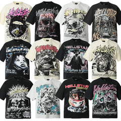 HELL Hell's Star Short Sleeve Trendy Brand American High Street Vintage Summer Couple Dress Men's and Women's Half Sleeve T-shirt (20)