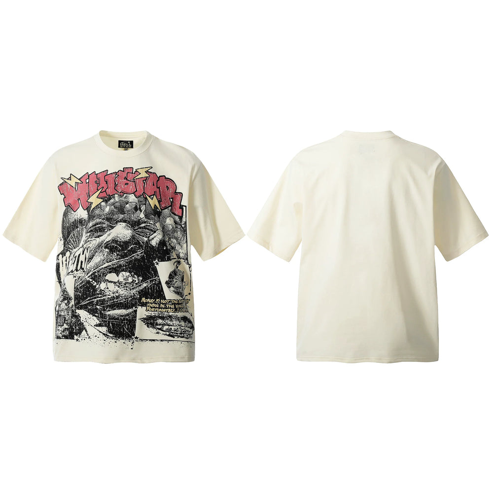 HELL Hell's Star Short Sleeve Trendy Brand American High Street Vintage Summer Couple Dress Men's and Women's Half Sleeve T-shirt (20)